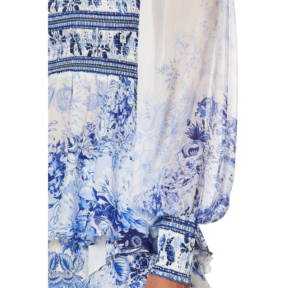 Camilla Silk Blouse Puff Sleeve Blue Floral Women’s Medium - Picture 3 of 10